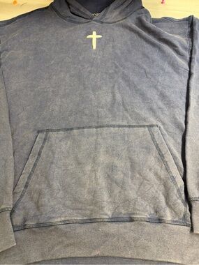 Men's Blue Hooded Pullover Sweatshirt with Front Pocket. Jesus Loves you Graphic